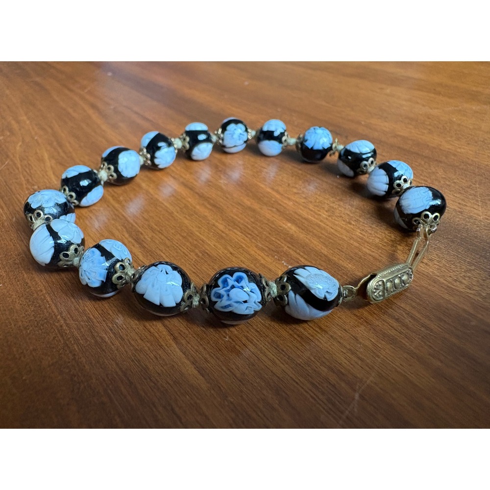Vintage Murano Glass Bead Knot Bracelet Black White Flower Brass Clasp Italy